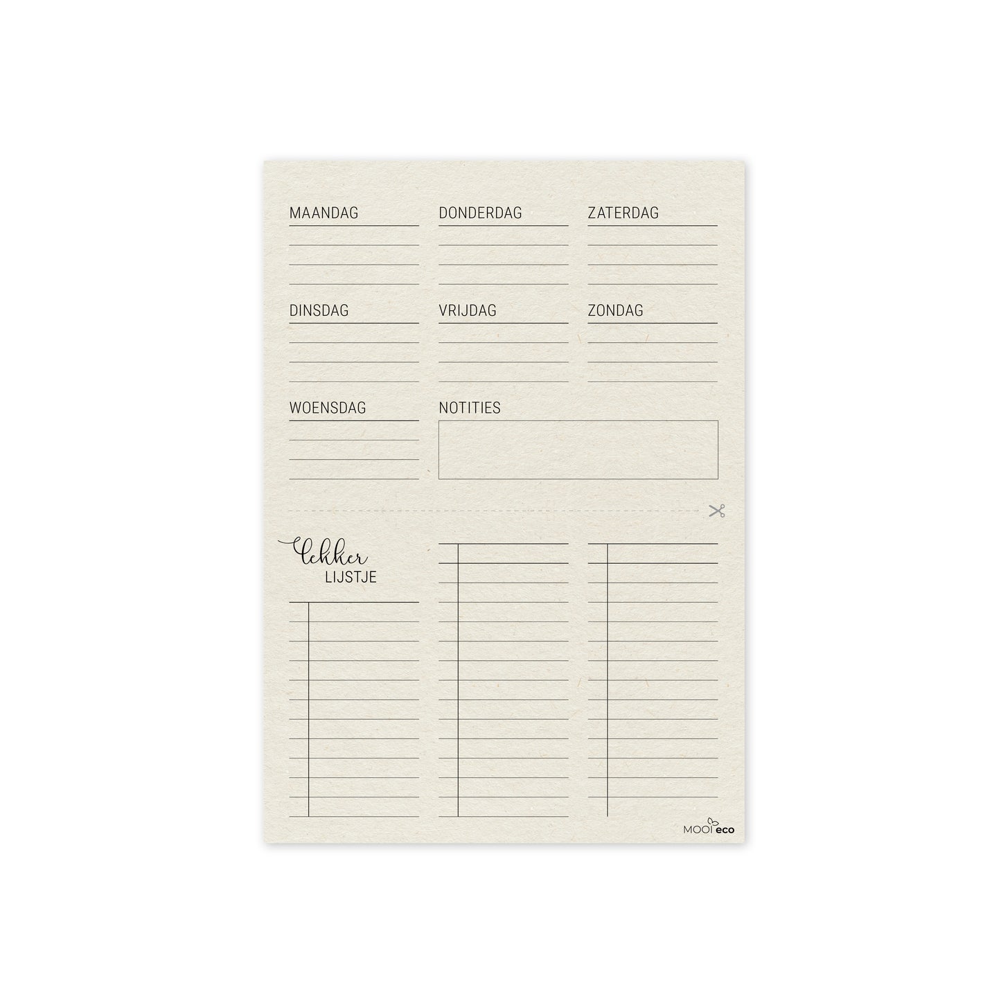 Duurzame menuplanner, weekoverzicht met boodschappenlijstje - boomvrij papier / plasticvrij verpakt