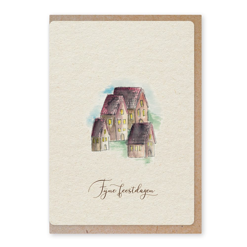 Een mooie duurzame enkele kaart met een tafereel van een kerstdorpje in aquarel voor een Kerstgroet of een Nieuwjaarswens. De illustraties zijn gemaakt in onze grafische studio. Gedrukt op Paperwise Naturel, boomvrij papier van landbouwrestafval. 