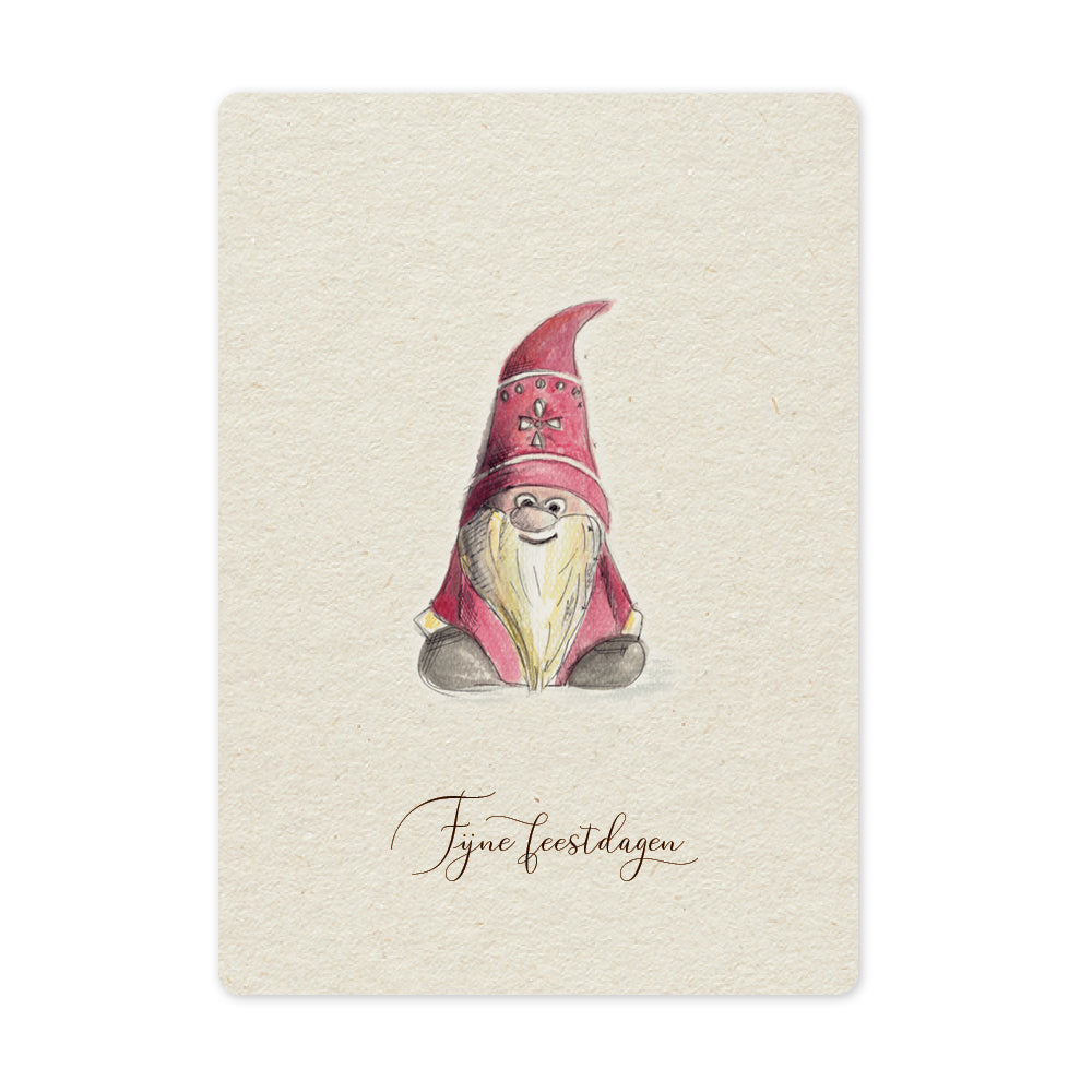 Een mooie duurzame enkele kaart met een tafereel van een tomte / kerstkabouter in aquarel voor een Kerstgroet of een Nieuwjaarswens. De illustraties zijn gemaakt in onze grafische studio. Gedrukt op Paperwise Naturel, boomvrij papier van landbouwrestafval. 