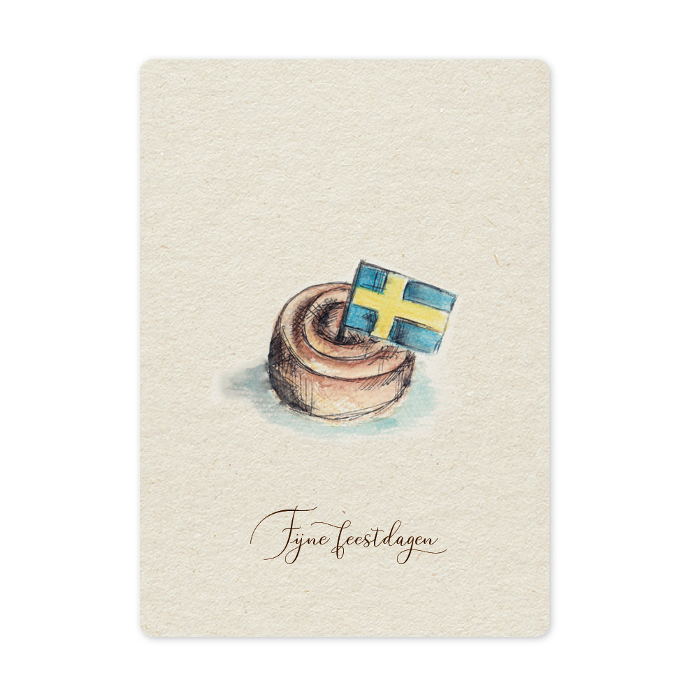 Een mooie duurzame enkele kaart met een tafereel van een Zweeds kaneelbroodje kanelbulle in aquarel voor een Kerstgroet of een Nieuwjaarswens. De illustraties zijn gemaakt in onze grafische studio. Gedrukt op Paperwise Naturel, boomvrij papier van landbouwrestafval. 