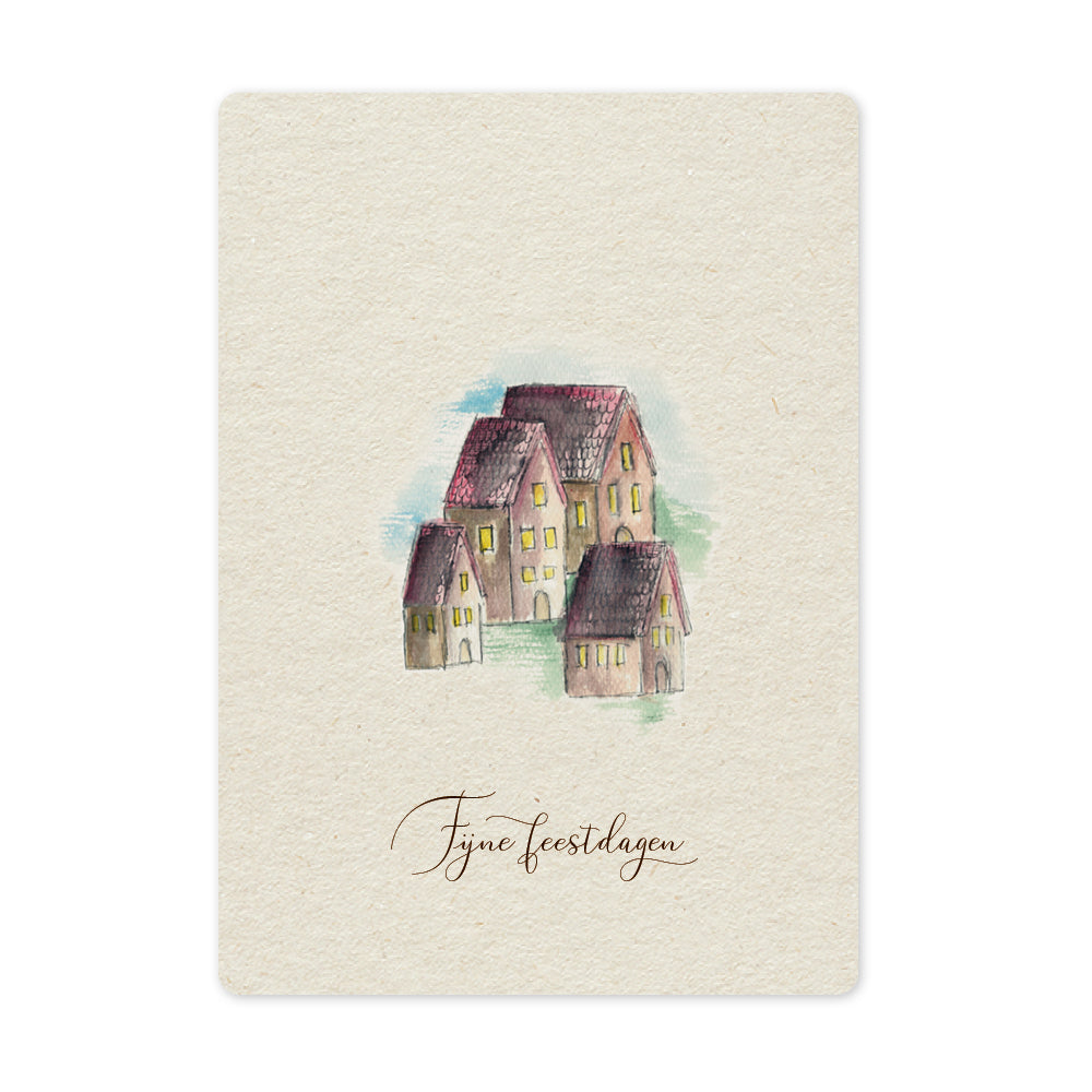 Een mooie duurzame enkele kaart met een tafereel van een kerstdorpje in aquarel voor een Kerstgroet of een Nieuwjaarswens. De illustraties zijn gemaakt in onze grafische studio. Gedrukt op Paperwise Naturel, boomvrij papier van landbouwrestafval. 