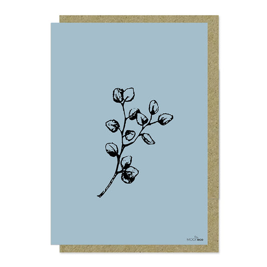 Een mooie grote duurzame kaart met een afbeelding van een eucalyptus. De illustraties zijn gemaakt in onze grafische studio. Gedrukt op Paperwise Naturel, boomvrij papier van landbouwrestafval.
