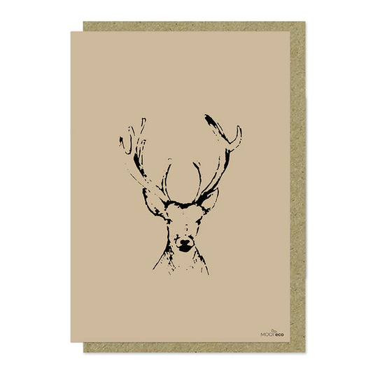 Een mooie grote duurzame kaart met een afbeelding van een hert. De illustraties zijn gemaakt in onze grafische studio. Gedrukt op Paperwise Naturel, boomvrij papier van landbouwrestafval.