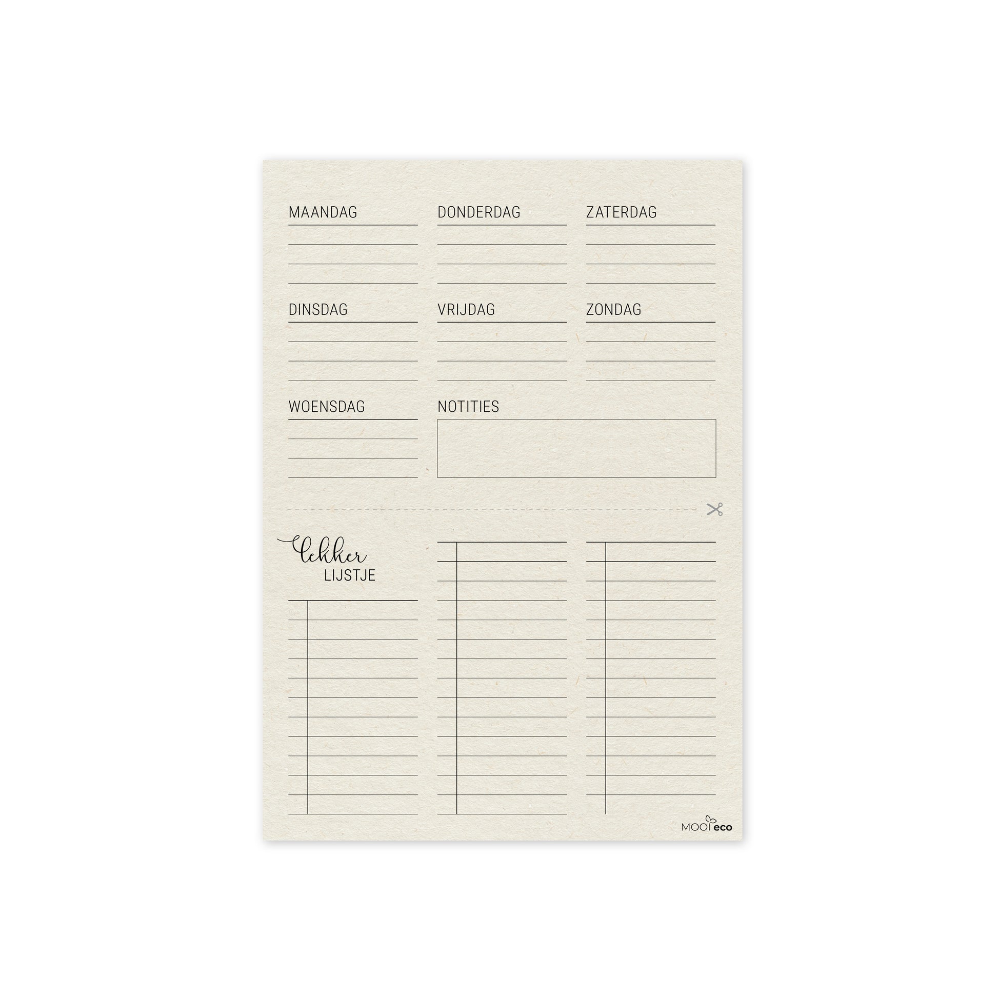 Duurzame menuplanner, weekoverzicht met boodschappenlijstje - boomvrij papier / plasticvrij verpakt 