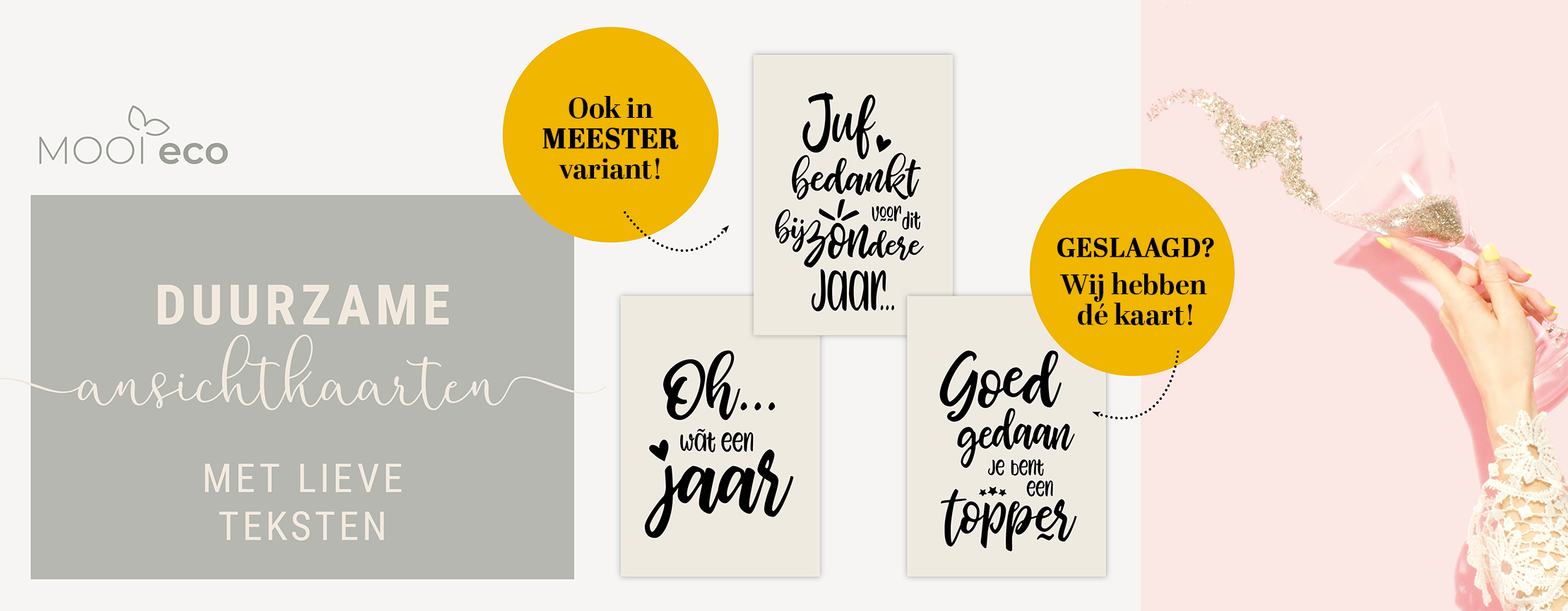 Duurzame ansichtkaart voor juf, meester, geslaagd