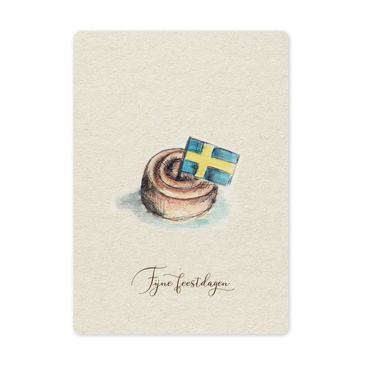 Een mooie duurzame enkele kaart met een tafereel van een Zweeds kaneelbroodje kanelbulle in aquarel voor een Kerstgroet of een Nieuwjaarswens. De illustraties zijn gemaakt in onze grafische studio. Gedrukt op Paperwise Naturel, boomvrij papier van landbouwrestafval.&nbsp;