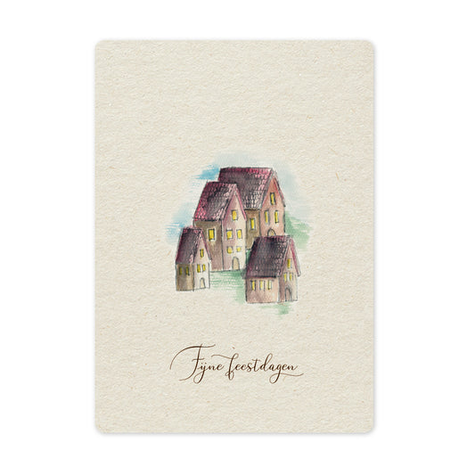Een mooie duurzame enkele kaart met een tafereel van een kerstdorpje&nbsp;in aquarel voor een Kerstgroet of een Nieuwjaarswens. De illustraties zijn gemaakt in onze grafische studio. Gedrukt op Paperwise Naturel, boomvrij papier van landbouwrestafval.&nbsp;